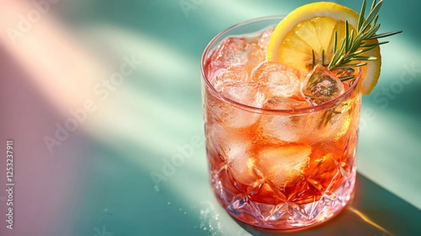 Fototapeta Refreshing aperol spritz cocktail with lemon and rosemary under soft light