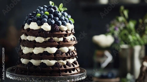 Obraz Decadent Layered Chocolate Waffle Tower with Mascarpone Cream