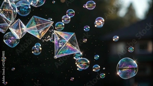 Fototapeta Colorful soap bubbles, prismatic reflections, floating geometric shapes, iridescent spheres, dark background, sunlight sparkles, ethereal atmosphere
