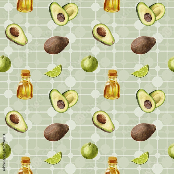 Obraz Watercolor avocado pattern. Seamless pattern with avocado and lime, and a bottle of oil on a lattice background. A slice of lime and half of an avocado with a stone. Design for food packaging.