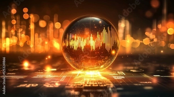 Obraz Financial prediction concept featuring a crystal orb with embedded trading data, candlestick charts, and glowing financial icons