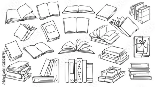 Fototapeta Open and closed paper books, bookshelf stack line icon. Outline hand drawn vintage diary, literature of bookstore, side and top view. Library mascots, simple books icon collection vector illustration