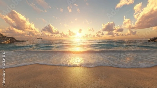 Fototapeta Sunset over calm ocean waves at serene beach