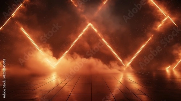 Fototapeta Futuristic neon-lit stage with glowing orange lights and atmospheric smoke