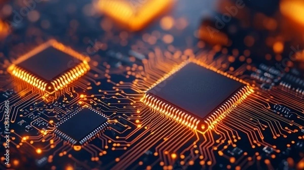Fototapeta A close-up view of a circuit board featuring intricate patterns and glowing microchips, highlighting advanced technology and innovation.