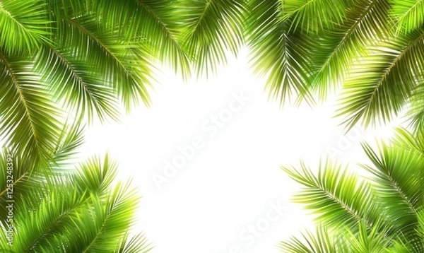 Obraz Lush green palm fronds frame white space; tropical background for summer designs