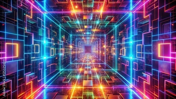 Fototapeta Abstract Neon Grid Corridor A Futuristic Digital Landscape of Vibrant, Interconnected Lines and Glowing Squares