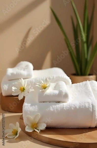 Fototapeta A spa salon, with flowers and eco-friendly bathroom supplies, white towels and bottles, a minimalist aesthetic for a spa salon