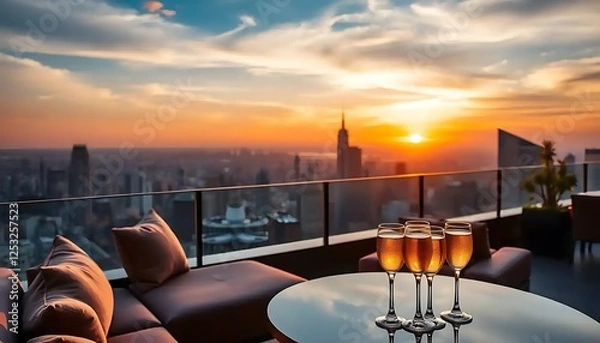 Obraz Rooftop Sunset Cityscape with Champagne Glasses