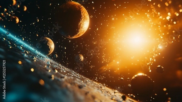 Fototapeta Cosmic Dance: Celestial Bodies Orbiting a Radiant Star in a Breathtaking Space Scene