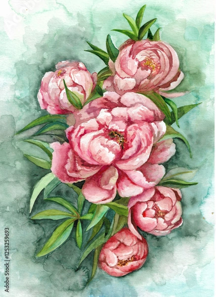 Fototapeta Large bouquet of peonies. Watercolor illustration. Handmade for creating a poster, postcard, invitation.