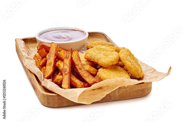 Obraz Enjoy Crispy Chicken Nuggets served alongside Sweet Potato Fries and a flavorful Dipping Sauce