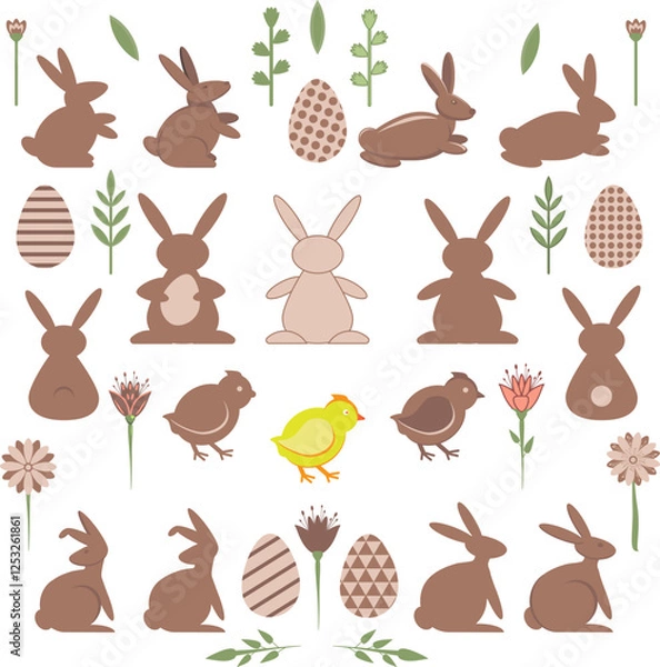 Fototapeta Set for conceptual design for Easter. Rabbits, eggs, flowers, leaves, branches. Flat vector illustrations.