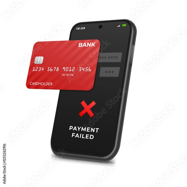Fototapeta Message on smartphone screen that online payment failed when paying with bank card, vector illustration. Transaction declined or an error occurred while executing it.