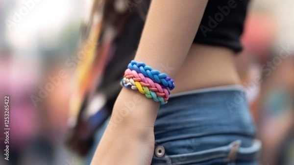 Obraz Close-Up of a Colorful Transgender Pride Bracelet on a Wrist