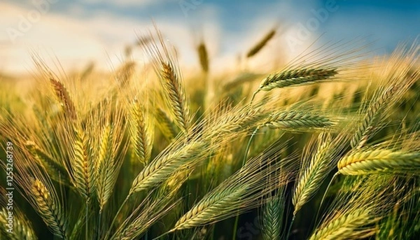 Fototapeta  風に揺れる麦穂とソフトフォーカスの背景