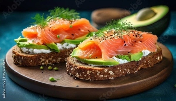 Obraz delicious smoked salmon and avocado sandwiches on multigrain bread with cream cheese healthy lunch options sandwich recipes nutritious meals gourmet snacks brunch ideas