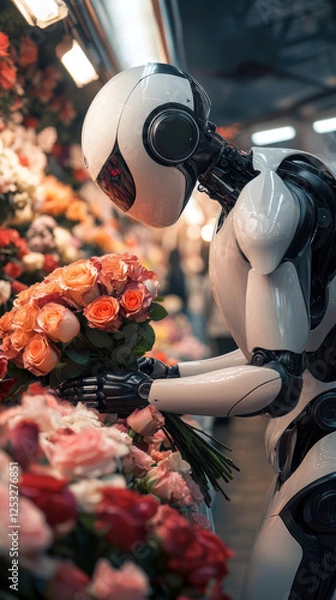 Fototapeta Futuristic robot enjoys bouquet of colorful roses in a vibrant flower market setting