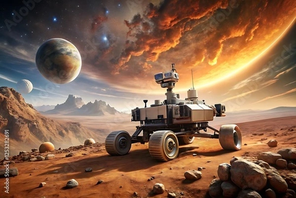 Fototapeta Martian Rover Exploring an Alien Landscape Against a Cosmic Backdrop With Planets and a Dramatically Lit Sky