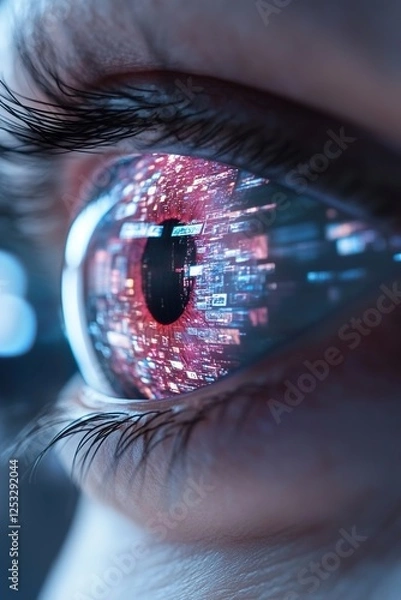 Obraz A hyper-detailed eye focuses on multiple floating digital screens, showcasing the overwhelming presence of media and advertising in today's consumer-driven world