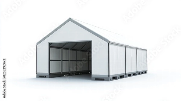 Fototapeta Warehouse Structure: A modern warehouse stands strong, its stark exterior a beacon of industry and functionality. The image's sharp lines and pristine condition evoke an atmosphere of efficiency.