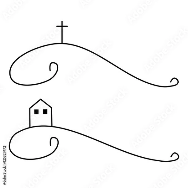 Fototapeta Cross on a hill and house on terrain wave - a simple curved linear vector drawing
