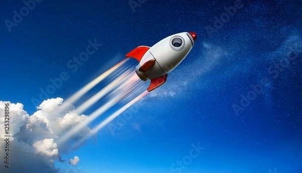 Fototapeta a whimsical flying piggy bank with rocket boosters soaring through a blue sky symbolizing financial success and innovation turbo savings money on the move
