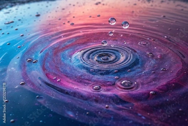 Fototapeta Ripples in water, vibrant colors, pink and blue hues, macro photography, circular patterns, water droplets,