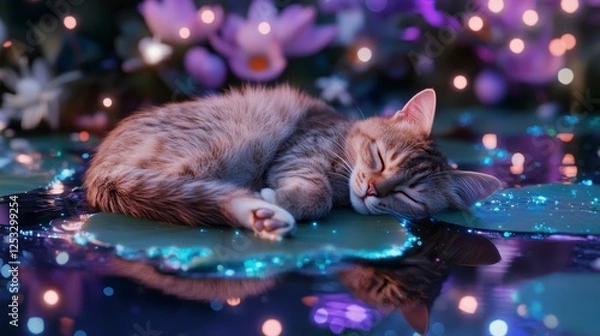 Fototapeta Cat resting on a vibrant neon lily pad, floating serenely across a shimmering river of stars, enchanting and whimsical scene