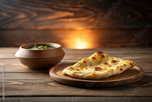 Fototapeta Warm, golden-brown flatbread rests on a rustic wooden board, accompanied by a bowl of vibrant green soup, creating a rustic and inviting culinary scene.