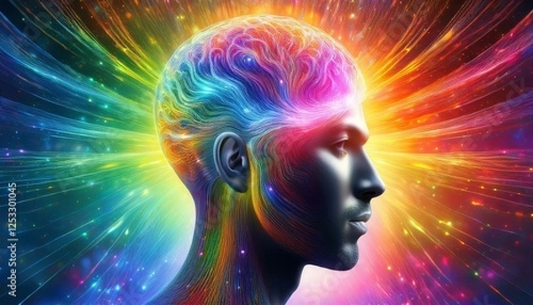 Fototapeta rainbow pastel digital head of an artificial intelligence reaching consciousness through quantum computing visual representation of quantum consciousness of quantum consciousness