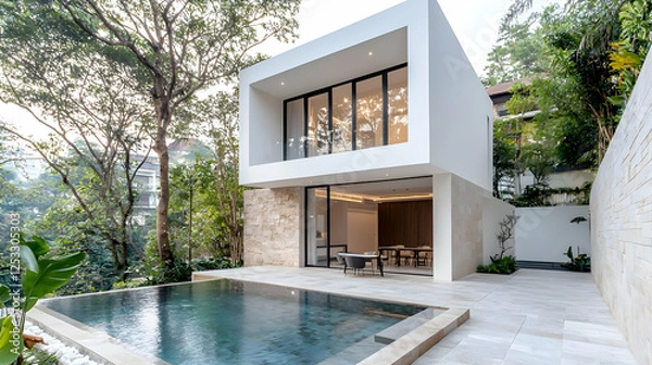 Fototapeta Modern hillside house with pool, lush greenery