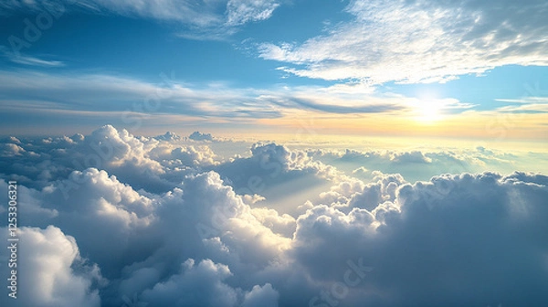 Fototapeta A breathtaking view of fluffy white clouds against a vibrant blue sky, illuminated by the warm glow of the setting sun, creating a serene and tranquil atmosphere.