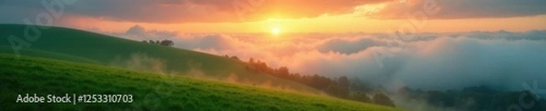 Obraz Clouds and mist at sunrise over a rolling hill, peaceful, green, earthy