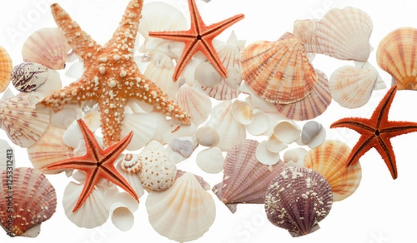 Fototapeta sea shells and starfish isolated on white background 