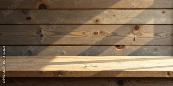 Fototapeta Sunlit Wooden Tabletop Against Rustic Plank Backdrop, Perfect for Product Display or Rustic Background Designs