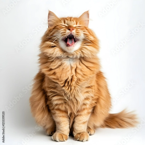 Fototapeta Cheerful Ginger Cat Laughing Playfully Against Solid White Background