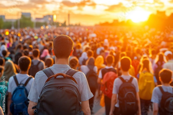 Fototapeta vast crowd of young individuals with backpacks walking towards sunset, creating vibrant and energetic atmosphere. scene captures sense of unity and purpose among group