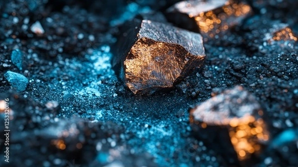 Fototapeta Close-up of raw copper ore with shiny copper metal texture, set against a blue-black earthy stone background, showcasing the natural beauty of mineral extraction and mining.