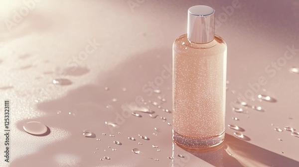 Fototapeta Glowing skincare bottle with water droplets, symbolizing purity and rejuvenation in spa-inspired self-care.