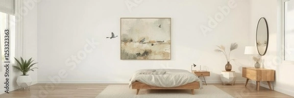 Obraz Modern bedroom with abstract painting on the wall, featuring neutral tones, minimalist furniture, and soft lighting, lighting, tones, neutral