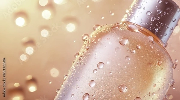 Fototapeta Glowing skincare bottle with water droplets, symbolizing purity and rejuvenation in spa-inspired self-care.