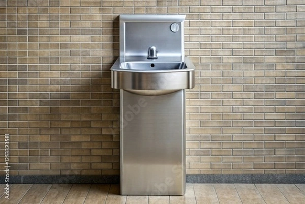 Obraz Modern drinking fountain with sleek design and stainless steel finish, contemporary, reflective, public space