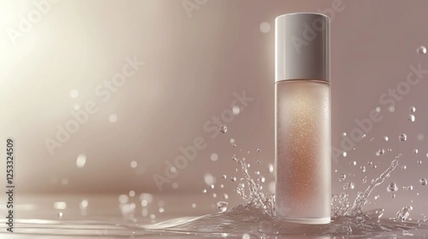 Fototapeta Glowing skincare bottle with water droplets, symbolizing purity and rejuvenation in spa-inspired self-care.