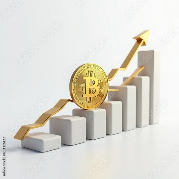 Fototapeta Golden Bitcoin Coins with Growing Graphs and Arrows Representing Cryptocurrency Market Growth, Financial Investment Success, Blockchain Technology, and Digital Currency Trading on White Background