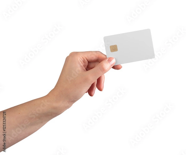 Obraz Hand holding blank credit card with gold chip, mockup for finance, banking, or payment design. Contactless transaction, shopping, and electronic payment concept. Isolated on white background.