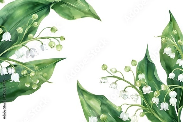 Obraz on the right is a botanical watercolor illustration with lilies of the valley with white flowers and green leaves on a white background with free space for text insertion