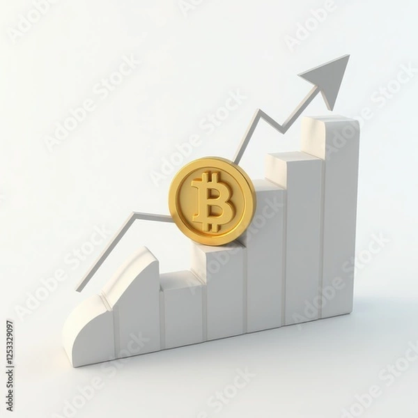 Fototapeta Golden Bitcoin Coins with Growing Graphs and Arrows Representing Cryptocurrency Market Growth, Financial Investment Success, Blockchain Technology, and Digital Currency Trading on White Background