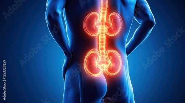 Fototapeta Back pain, kidney stones, inflammation and disease, man suffering from backache at home, health problems concept