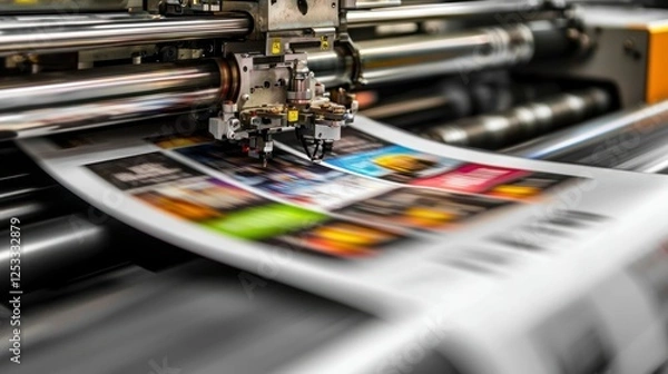 Fototapeta Printing press, Newspaper, industrial. Image of a printing press in action. Possible use Stock photo